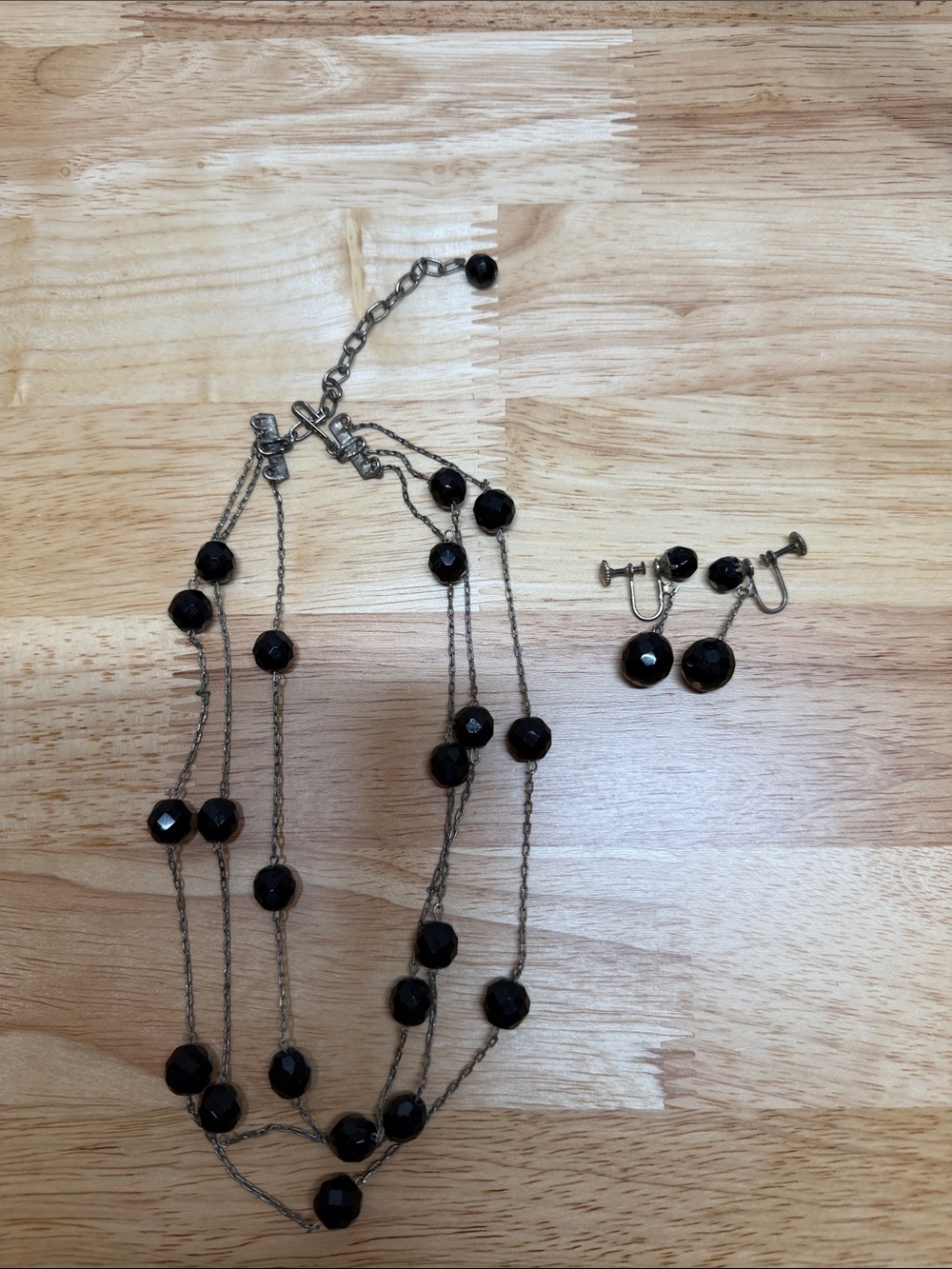 Vintage Black Multi-Strand Beaded Necklace and Screw-on Earrings Set